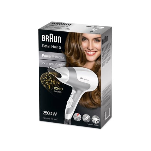 Braun Satin Hair 5 Power Perfection HD580 Hair Dryer, 2500 Watts, White/Grey