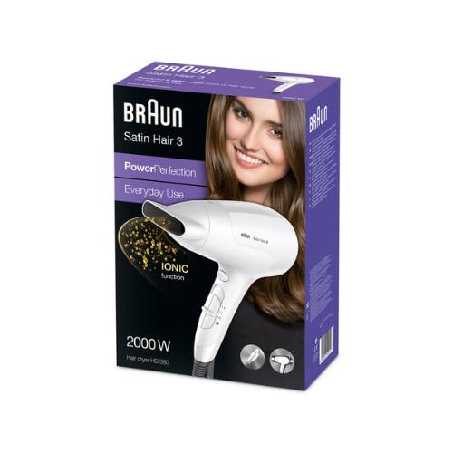 Braun Satin Hair 3 Power Perfection HD 380 Hair Dryer, 2000 Watts, White