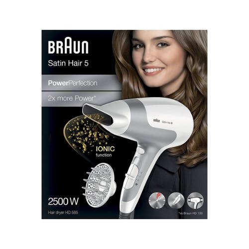 Braun Satin Hair 5 Power Perfection HD585 Hair Dryer, 2500 Watts, White/Grey