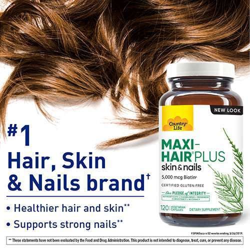 Country Life Maxi-Hair Plus Biotin 5000 mcg Hair, Skin & Nails 120 Capsules